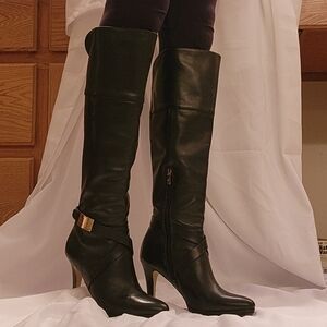 Marc Fisher Black Heeled Boots with Gold Accents